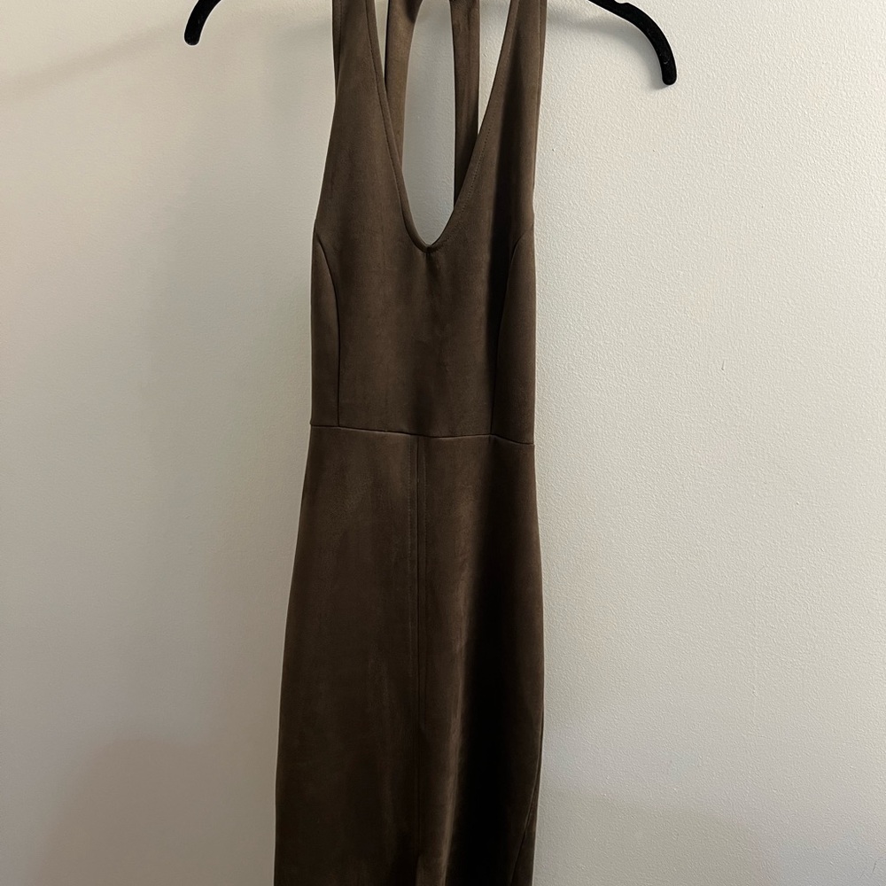 fab'rik Brown Backless Sheath Dress with Halter Neckline for Night Out